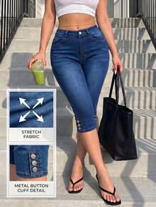 Jkorea High Waisted Capri Jeans - Light Wash Slim Fit Cropped Skinny Denim - Rửa trung bình - Xem 3