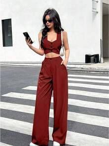 2 piezas Conjunto casual de chaleco corto de mujer sin mangas de doble botonadura y pantalones anchos plisados - Burdeos - Ver 5