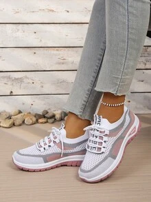 Van Skr Women's Knitted Mesh Breathable Casual Sports Shoes, Lightweight Comfortable Versatile Daily Student Wear, Stylish Commute Non-Stuffy Lace-Up Shoes - White Powder - View 4