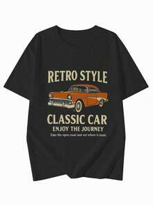 Camiseta de moda femenina de verano de manga corta camiseta de moda casual al aire libre 'letras y coches' estampados camisa casual femenina con patrones relajados - Negro - Ver 3