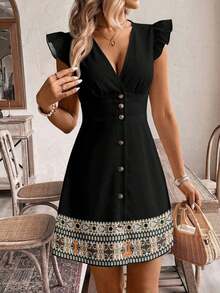 Vestido de mujer con cuello en V, mangas abullonadas y corte evasé con botones, de estilo minimalista, bohemio, elegante y romántico con estampado retro, para festival de música, atuendo de playa, atuendo de vacaciones - Multicolor - Ver 5