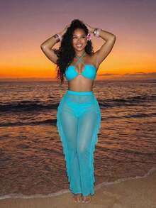 Swim Vcay Conjunto de bikini de una pieza para verano con top inalámbrico cruzado en el cuello y Bottom de bikini de corte alto, talla grande pantalón de cobertura de malla, 3 piezas - Celeste - Ver 1