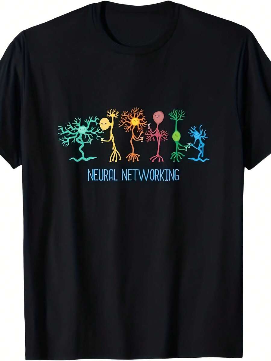 Camiseta casual de cuello redondo con diseño de patrón de cerebro de red neuronal, adecuada para entusiastas de la tecnología, estudiantes y como regalo de informática. Es lavable a máquina y adecuada para atuendo casual y para todo el año - Negro - Ver 1