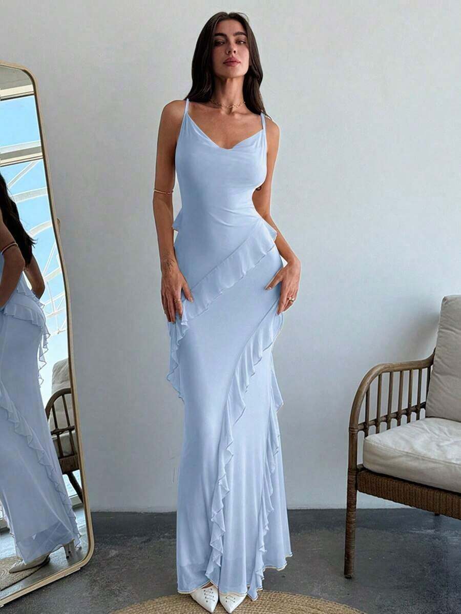 Vestido ceñido con tirantes finos, cuello drapeado y volantes para una cita romántica, para mujer.Vestidos de primavera/verano, regalo del Día de San Valentín, cita nocturna de San Valentín, "Sé mi Valentín", propuesta - Celeste - Ver 1