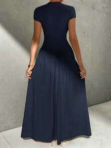 Vestido de línea A de manga corta, de cuello, ajustado, con bajo asimétrico, de uso diario, de estilo minimalista y elegante - Azul marino - Ver 2