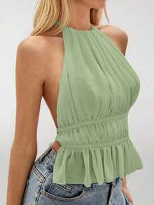 Top de tirantes sin espalda con cuello de halter y cintura anudada plisada para mujer - Verde - Ver 8