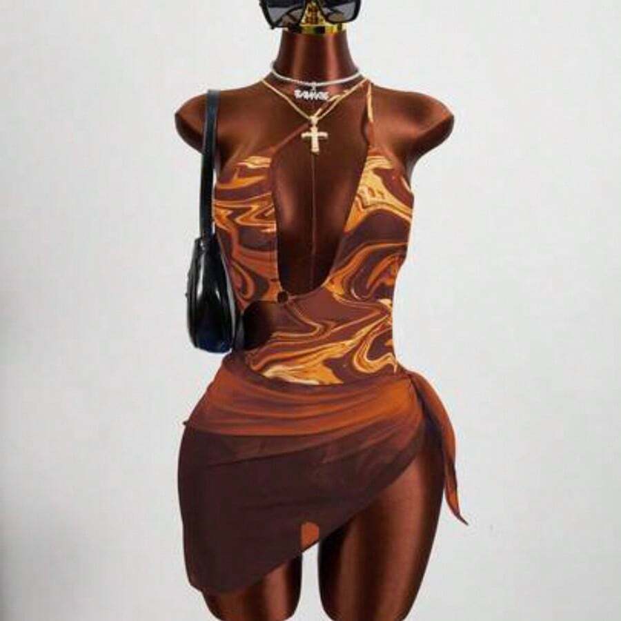 Summer Beach Marble Print Cut Out One Shoulder One Piece Swimsuit - Multicolor - Ver 1