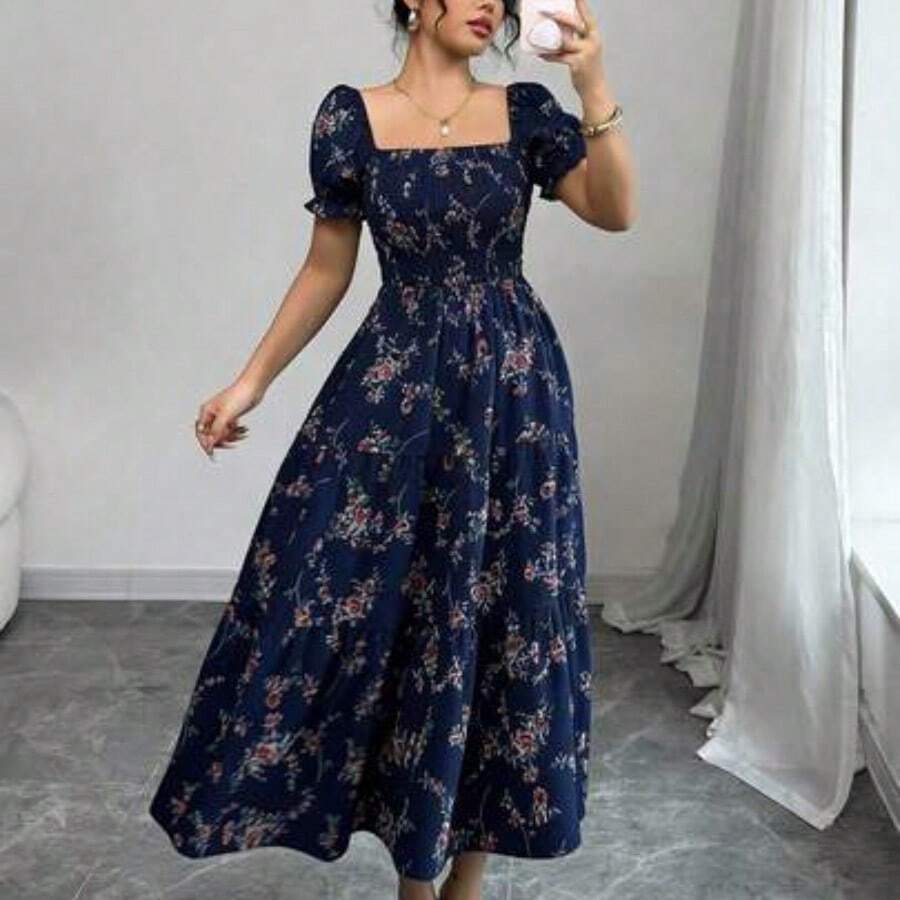Women's Spring/Summer Square Neck Pleated Short Sleeve Ruffle Hem Maxi Dress, Featuring Small Ditsy Floral, Suitable For Casual Daily Life, Work, Travel, Beach, Bohemian, Western, Music Festival, Countryside Style - Azul Marino - Ver 1