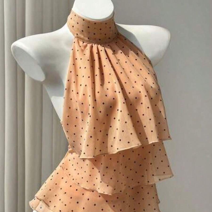 Camisa de mujer con volantes y estampado de lunares, con lazo a la cintura, estilo casual y de vacaciones, ajuste favorecedor, adecuada para la playa - Naranja - Ver 1