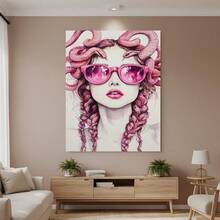 Enmarcado Lienzo plano 2D, 1 pieza,  en lienzo enmarcado,  retro de Medusa con gafas rosas,  modernos de Medusa impresos para feministas poderosas, arte decorativo de mitología griega de 16*24 pulgadas/40*60 cm, plano 2D - Enmarcado - Ver 1