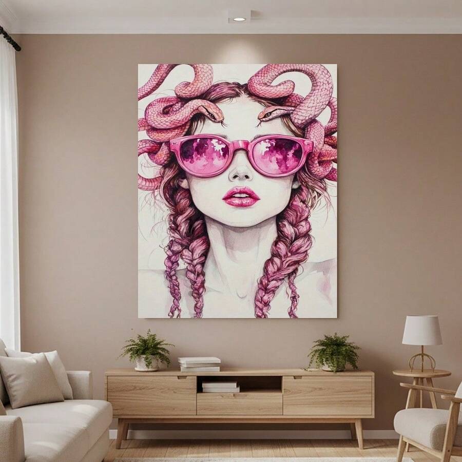 Enmarcado Lienzo plano 2D, 1 pieza, en lienzo enmarcado, retro de Medusa con gafas rosas, modernos de Medusa impresos para feministas poderosas, arte decorativo de mitología griega de 16*24 pulgadas/40*60 cm, plano 2D - Enmarcado - Ver 1