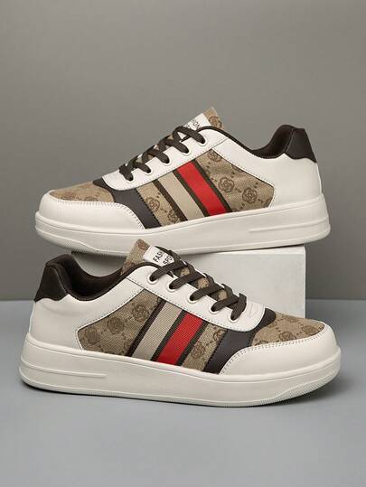Unisex Classic Floral Canvas & PU Patchwork Skateboard Shoes, Retro Striped Casual Comfortable Lace-Up Sneakers For Daily & Outdoor Sports