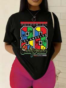 Camiseta Retro de los 80 California Vibes para Mujer - 180GSM 100% Negra Manga Corta Cuello Redondo Casual de Verano con Gráficos de Ciudades de la  Oeste (Los Ángeles, San Francisco, Santa Bárbara) para Looks de Playa y Atuendos Informales - Negro - Ver 1