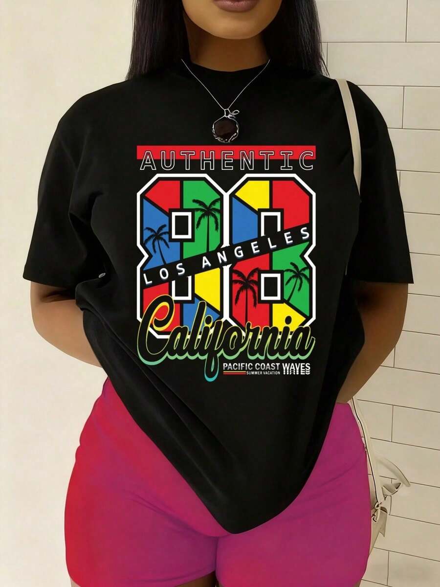 Camiseta Retro de los 80 California Vibes para Mujer - 180GSM 100% Negra Manga Corta Cuello Redondo Casual de Verano con Gráficos de Ciudades de la Oeste (Los Ángeles, San Francisco, Santa Bárbara) para Looks de Playa y Atuendos Informales - Negro - Ver 1