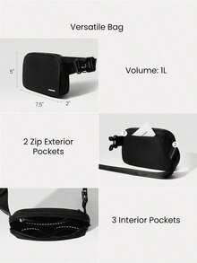 1L Zipper Everywhere Belt Bag Repellent Waist Crossbody Bags With Adjustable Strap  Spring Summer - 黑色 - 查看 5