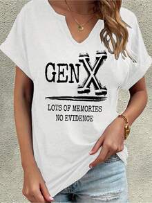 Gen X Women's Retro "Many Memories No Evidence" Letter Print V-Neck T-Shirt - Red And Black Short Sleeve Graphic Top, Casual Fit, Comfortable Machine Washable Fabric, Nostalgic 1990s Casual Outfit For Gen X Women - 白色的 - 查看 12