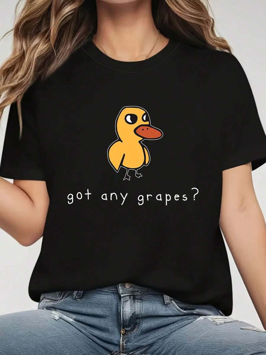 Camiseta de mujer de corte regular, holgada, con estampado divertido de "¿tienes uvas?" de Cute Duck's, cuello redondo, estilo casual, para primavera y verano, ideal para uso diario. - Negro - Ver 1