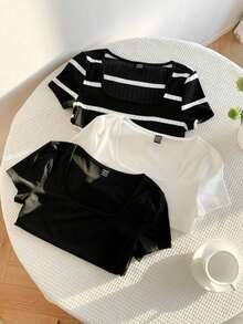 Set de 3 camisetas de cuello redondo de manga corta de punto con rayas minimalistas de estilo casual para mujer en colores café marrón y blanco, adecuadas para el uso diario, citas, reuniones, otoño/invierno/verano, Navidad, Año Nuevo, Acción - Negro - Ver 8