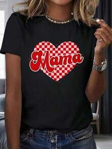 1 pieza Camiseta con Estampado de Corazones a Cuadros para Mujer, Manga Corta Casual, Diseño Rojo y Blanco, Regalo para el Día de la Madre, 180g, 100% Algodón - Negro - Ver 1