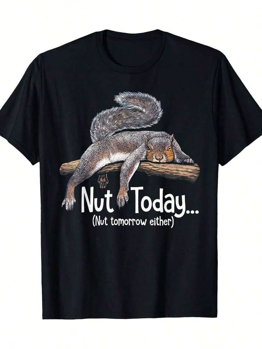 1 pieza de camiseta gráfica divertida con diseño de ardilla: "Nuez hoy, nuez mañana" - talla S, peso pesado 180g, 100% algodón, los diseños están impresos. Unisexo. - Negro - Ver 1