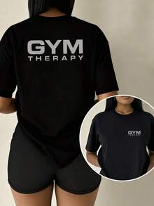 [Sports T-Shirt] Women's Plus Size 2026 GYM THERAPY T-Shirt, Featuring A Double-Sided Fitness Therapy Print, Stylish And Elegant For Summer, A Comfortable Short-Sleeved Crew Neck T-Shirt That's Versatile. | Relaxed Fit | Plus Size T-Shirts, Fashion Tops,  T-Shirts - 黑色 - 查看 6