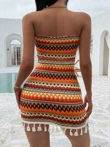 Vestido fruncido con diseño sin tirantes, cintura entallada y dobladillo con flecos en un estilo patchwork de colores, con aire sexy y de europea y americana para vacaciones - Multicolor - Ver 2