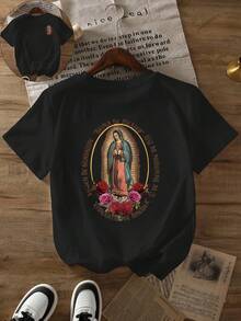 Diseño Sencillo y Versátil: Camiseta de estilo vintage con estampado de rosas de Madonna, de manga corta y cuello redondo, ideal para usar en primavera y verano, camiseta de algodón para mujer. - Negro - Ver 1
