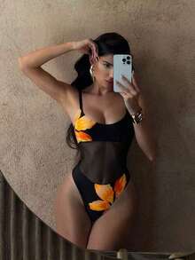 Traje de baño de una sola pieza para mujer con diseño de unicolor, tirantes, parches de malla, sexy y con recortes, estilo bohemio para festivales - Negro 3 - Ver 1
