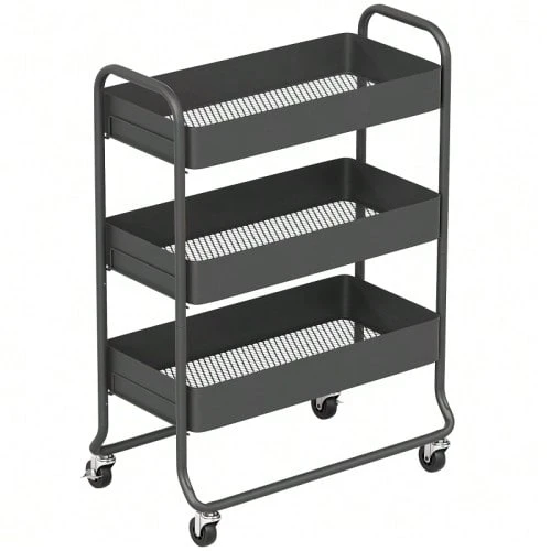 Kitchen Trolley, 3 Körbe, 4 Rollen, Metall, Schwarz - Black - View 1