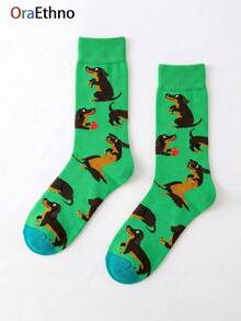 1 Pair Unisex Green Dachshund Pattern Contrast Toe Polyester Breathable Novelty Crew Socks For Daily Wear - Multicolor - View 6