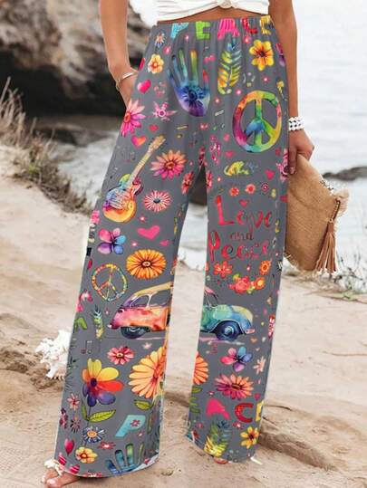 Fashionable Casual Vacation Style Lightweight Elegant Women's Versatile Slim Fit Pants With All-Over Print, Suitable For Outings, Home, Travel, And Work, New Arrival Spring/Summer