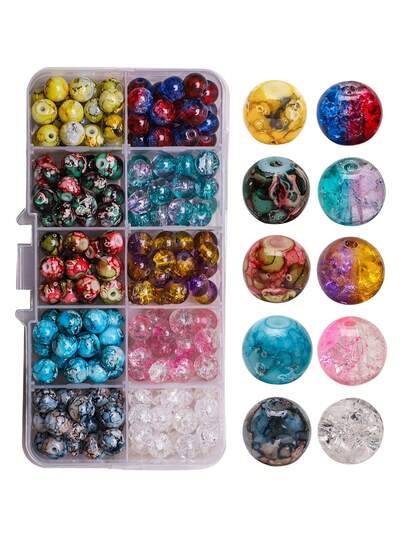 10 Colors Crackle Glass Beads Set, 8mm Round Iridescent Beads For DIY Bracelet Necklace Jewelry Making