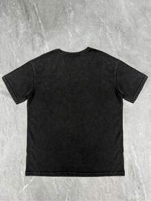 Camiseta de manga corta con estampado de letras, cuello redondo holgado, a la moda, para mujer, lavada, adecuada tanto para hombres como para mujeres, cómoda y holgada, versátil, moderna y de tela lavada pura. - Gris Oscuro - Ver 3