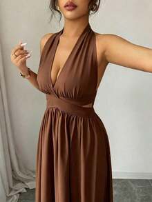 Elegante vestido sin mangas con cuello en V, diseño hueco en la cintura y pliegues, color morado, nueva llegada de primavera/verano - Marrón - Ver 2