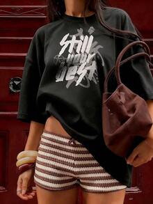 Short-Sleeve T-Shirt With Motivational Slogan In Street Art Style.  Short-Sleeve T-Shirt For Spring And Summer 2026, Made In Mexico, 180 Grams. Cartoon Print, Couple Design, Suitable For Indoor Or Outdoor Wear. Crew Neck, Unisex, Ideal For Office And Leisure. One-Pack. - BK-P631577SLNDXZGY380 - 查看 3