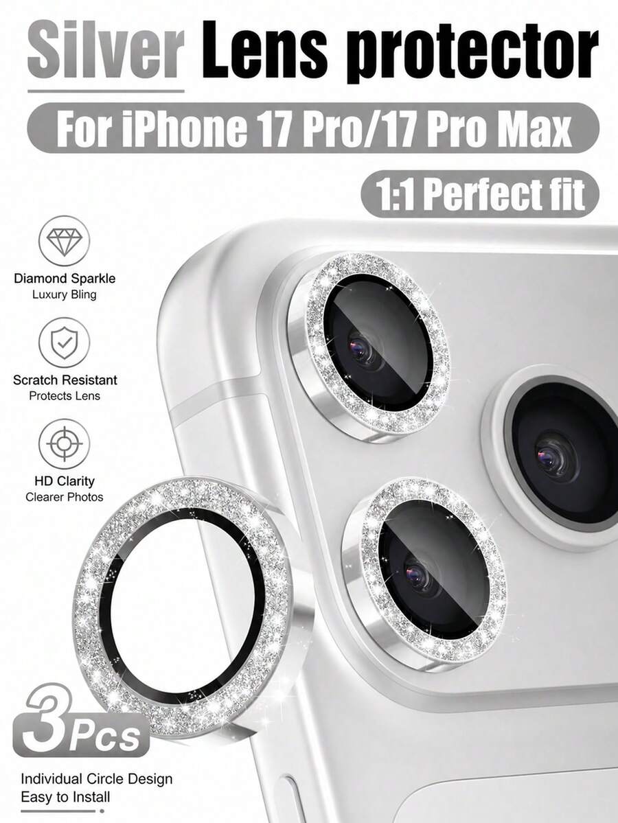 适用于 11-17 Pro Max 的三件套相机镜头保护膜,闪亮铝合金金属环,9H 钢化玻璃保护盖配件(闪亮银色) - 銀色 - 查看 1