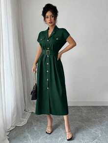 Vestido corto de verano para mujer con botones delanteros y mangas de murciélago - Verde Oscuro - Ver 5