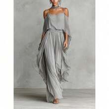 Nuevo conjunto de dos piezas para mujer gris de gasa con tirantes asimétricos y pantalones palazzo de moda - Gris - Ver 9