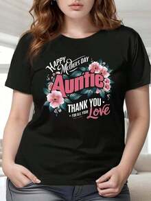 Camiseta de Mujer con Texto "Feliz Día de la Madre y Tía" - Manga Corta, Cuello Redondo, Estampado Floral Vibrante en Rosa y Azul, Blusa de Primavera Verano para Regalos a Mamá o Tía, Camisetas Cómodas para Damas - Negro - Ver 6