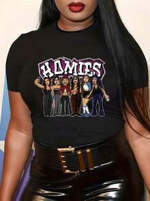 Plus Size - Women'S Plus Size "Homies" Graphic T-Shirt - Casual Crew Neck, Short Sleeve, Stretchy Polyester Blend, Black With Colorful Cartoon Design, Perfect For Spring/Summer, Ladies T Shirts - màu đen - Xem 1