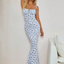 Women's Floral Print Ruched Front Tie Fitted Elegant Dress Vacation Party Summer - Azul y blanco - Ver 10