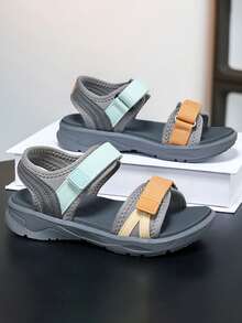 1 par de sandalias planas de color simple con diseño de cierre de gancho y bucle tejido, cómodas y frescas, unisex, adecuadas para usar en verano - Gris - Ver 7
