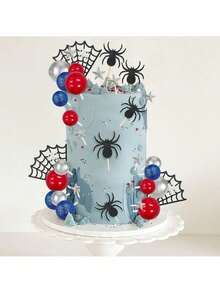 37pcs Spider Theme Cake Decorations, Red & Blue Foam Balls, Happy Birthday Decor, Star Spider Web Decorations, Perfect For Men's Birthday Cake Decor And Hero Theme Cake Decor (Please Use With White Sticks, Do Not Touch Cake Directly) - Multicolor - View 3