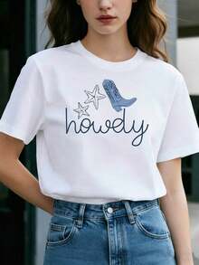 Talla Grande - Talla Grande - Botas Vaqueras Y Estrella de Mar Howdy Estampado Gráfico Talla Grande Camiseta de Mujer, Manga Corta Cuello Redondo Top Casual para Verano Y Primavera, Ropa de Mujer - Blanco - Ver 2