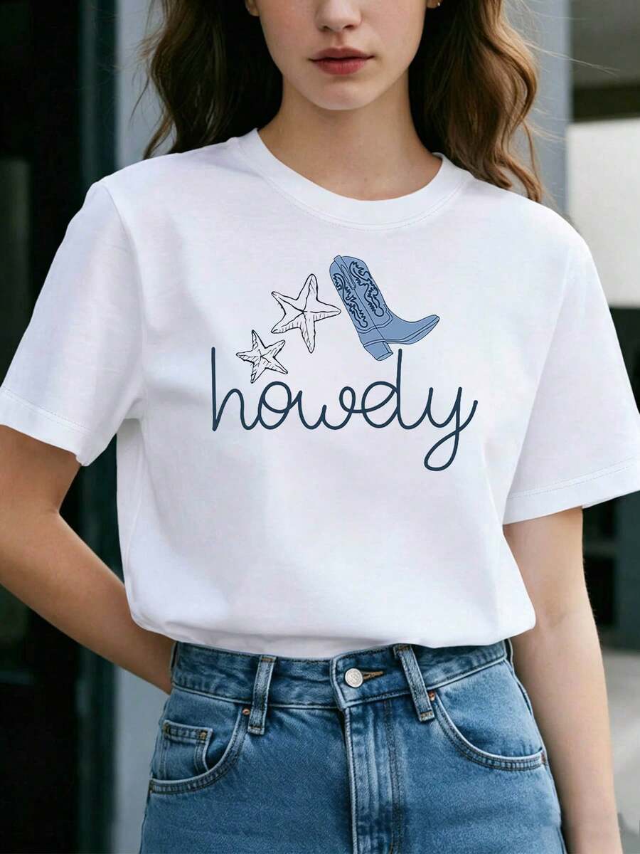 Talla Grande - Talla Grande - Botas Vaqueras Y Estrella de Mar Howdy Estampado Gráfico Talla Grande Camiseta de Mujer, Manga Corta Cuello Redondo Top Casual para Verano Y Primavera, Ropa de Mujer