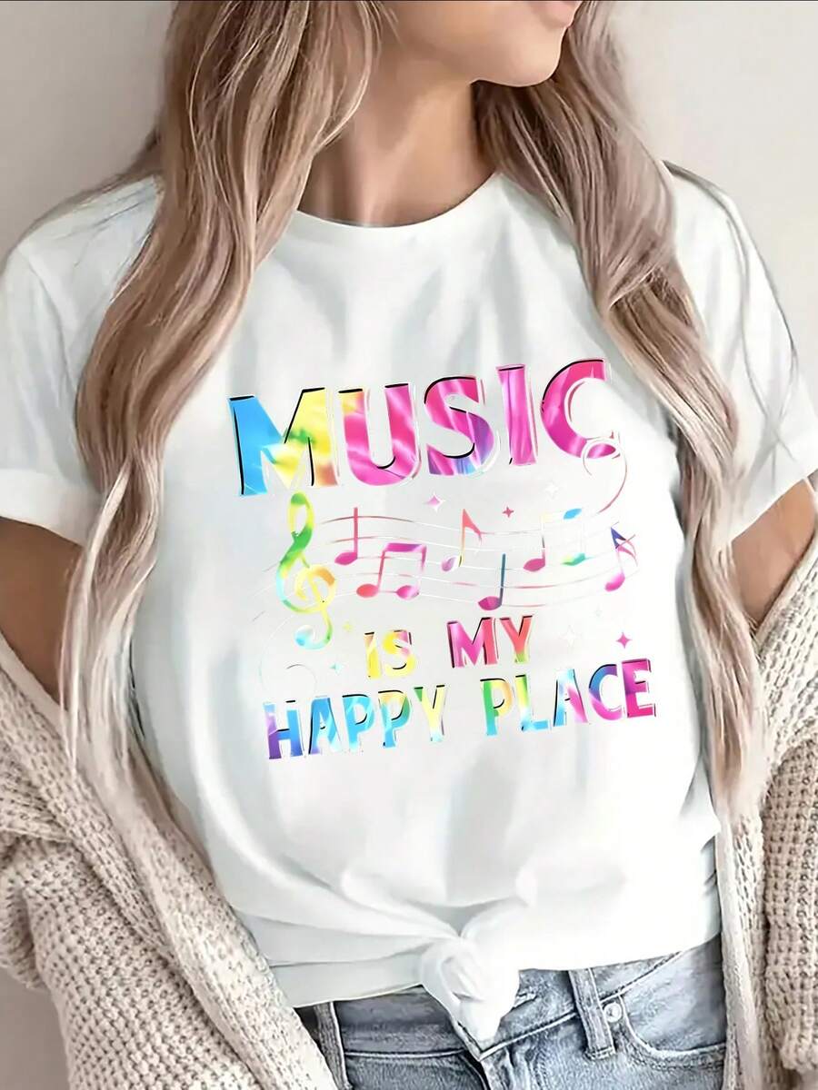 Camiseta ligera y cómoda de manga corta con un diseño vibrante de notas musicales, i para los entusiastas de la música en casa, en cafeterías o al e