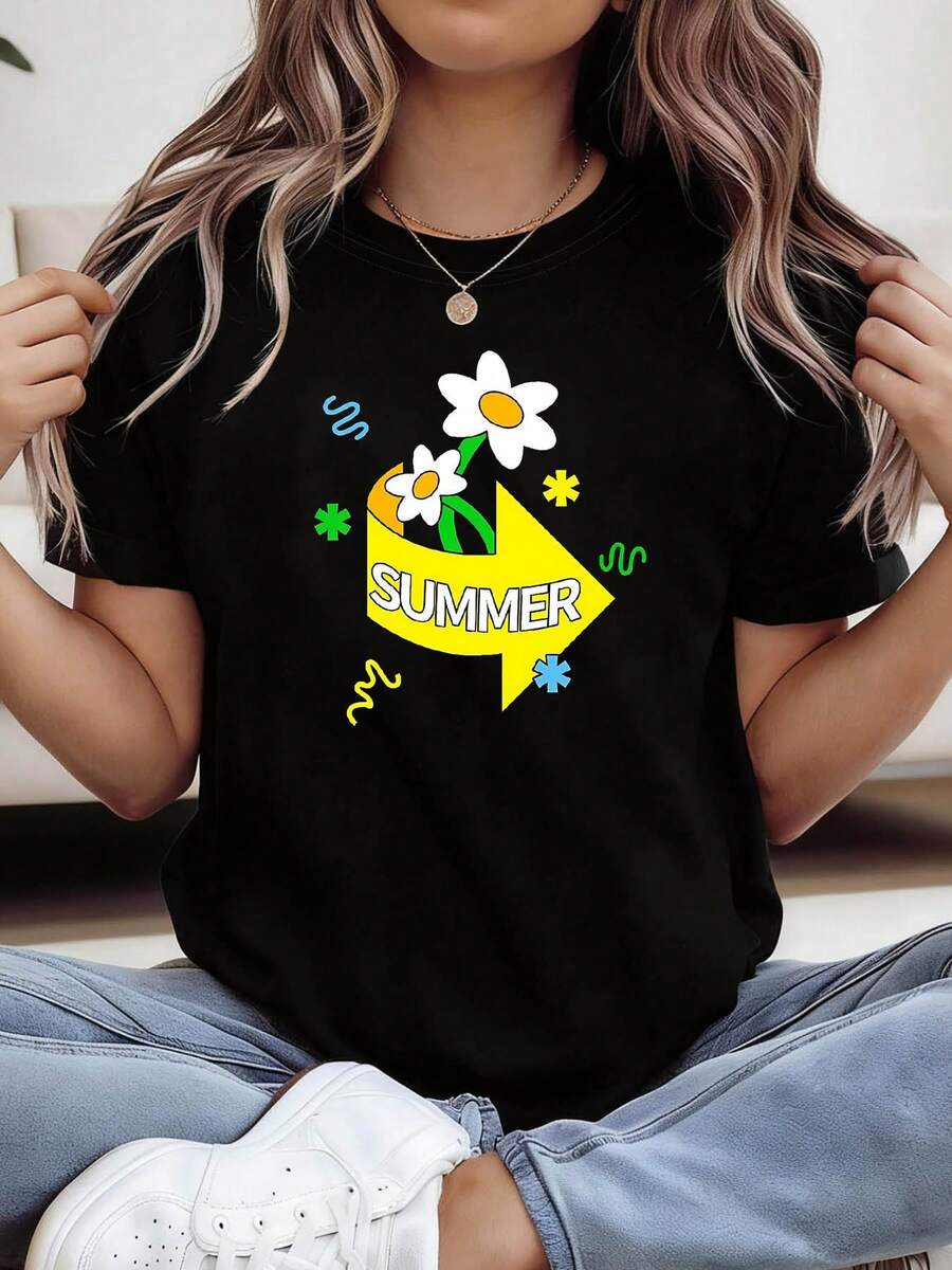 Talla grande, camiseta de mujer de talla grande con estampado gráfico SUMMER, manga corta y cuello redondo, top casual para verano y primavera, ropa de mujer