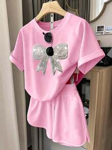Conjunto informal de 2 piezas de mujer con estampado digital de rayas, cuello redondo y mangas cortas, regalo para amigos - Rosa - Ver 3