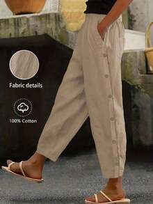 Pantalones rectos casuales y cotidianos de mujer con botones laterales de unicolor - Caqui - Ver 1