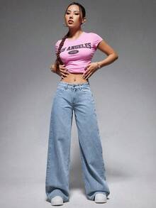 ICON Solid Color Wide Leg Pocket Jeans, Casual And Versatile - 淺色水洗 5 - 查看 10